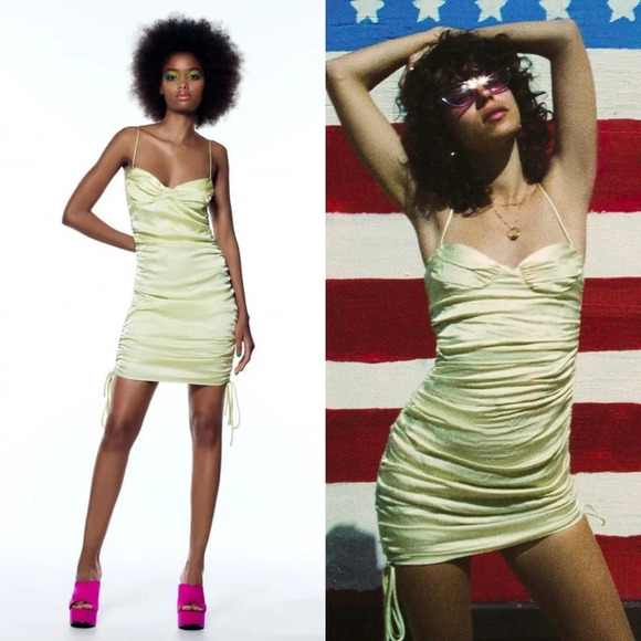 ✨NWT Zara Lime Green Satin Ruched Bustier Mini Dress Size XL Blogger Favorite - Picture 12 of 12